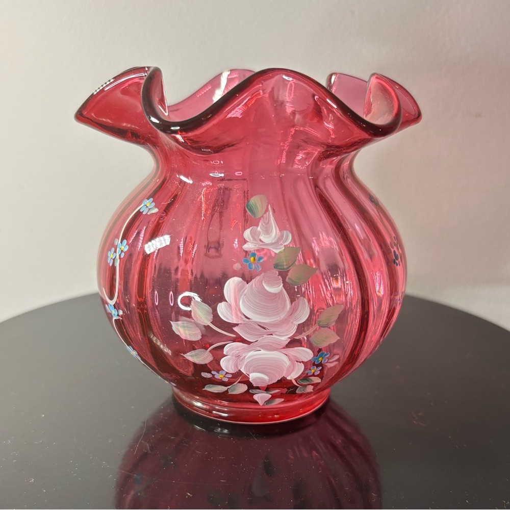 Fenton Squat Cranberry Vase Hand Painted Floral Artist Signed UV Reactive Glow